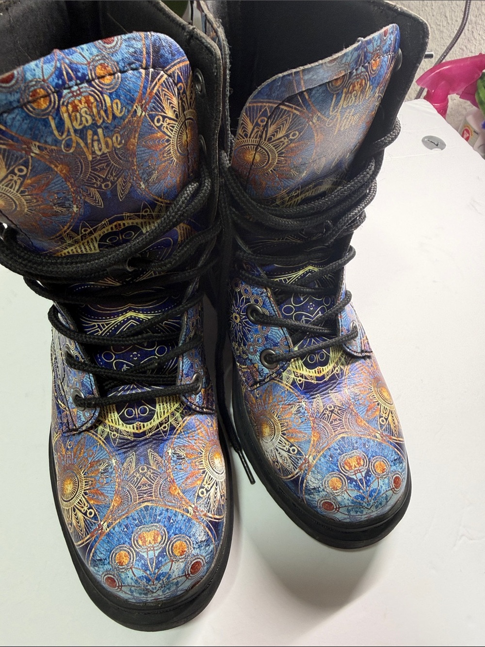 Women's Blue Patterned Lace-Up Boots yes we vibe